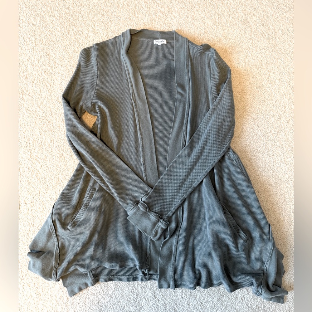 Splendid Draped Waffle-Knit Thermal Cardigan in Sage Green Size S